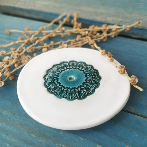 Mandala ceramic soap dish - turquoise & white, handmade, raised on 4 feet
