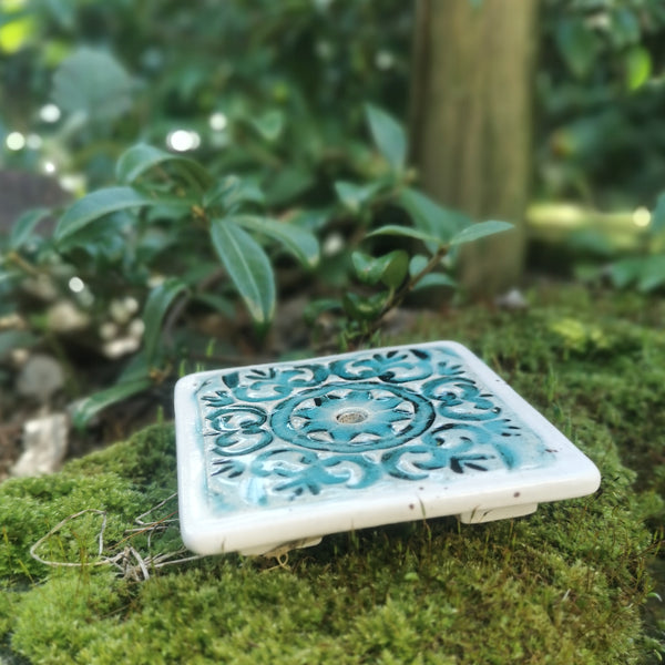 Handmade Ceramic Soap Dish with Turquoise Pattern – Mediterranean Style Bathroom Decor