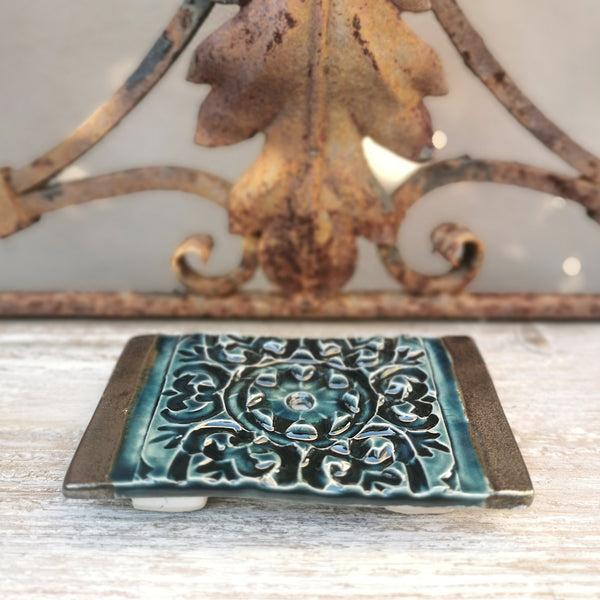 Handmade ceramic creamand black soapdish, rustic bathroom