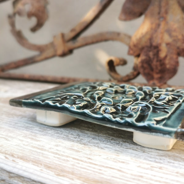 Handmade ceramic creamand black soapdish, rustic bathroom