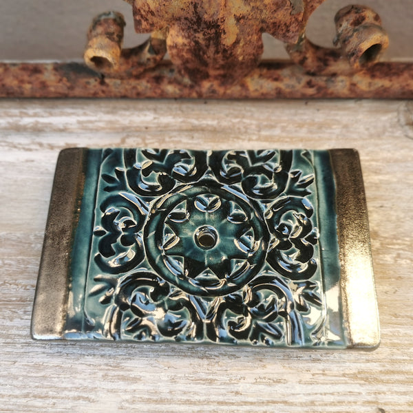 Handmade ceramic creamand black soapdish, rustic bathroom