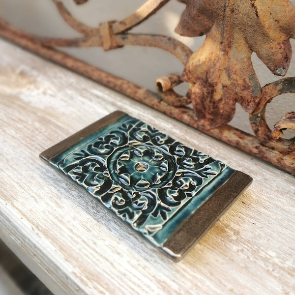 Handmade ceramic creamand black soapdish, rustic bathroom
